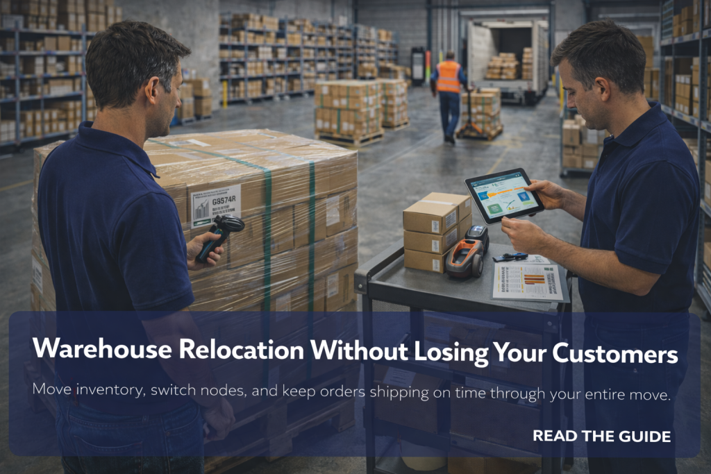 Two warehouse associates scan a wrapped pallet and review a move plan on a tablet while another moves pallets toward a truck.