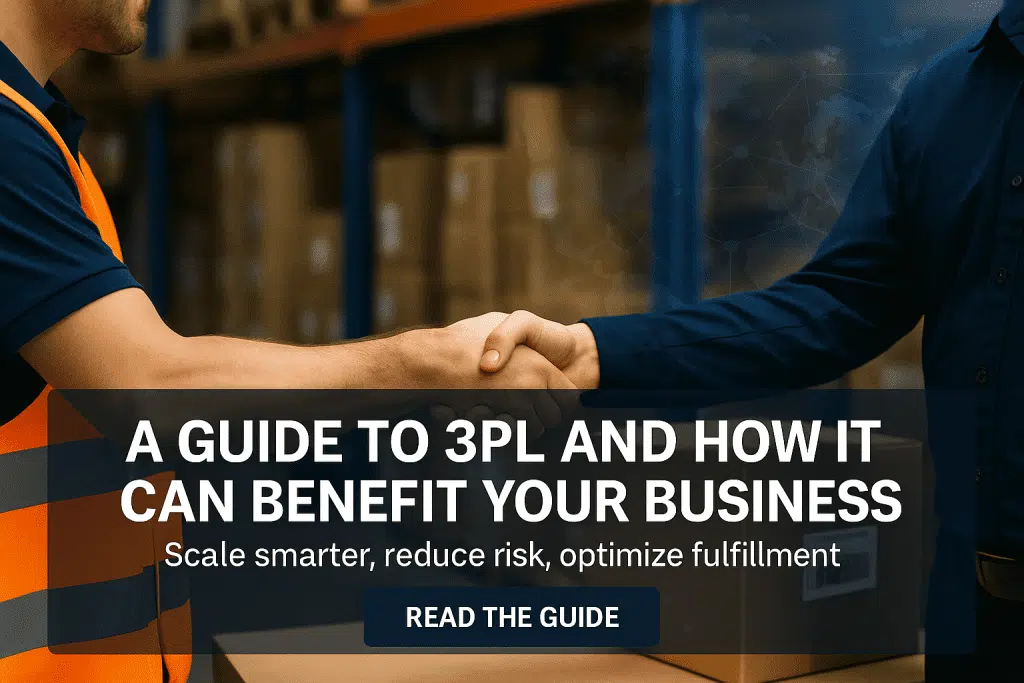Handshake between a warehouse worker in a safety vest and a businessperson in a fulfillment center with shelves and parcels