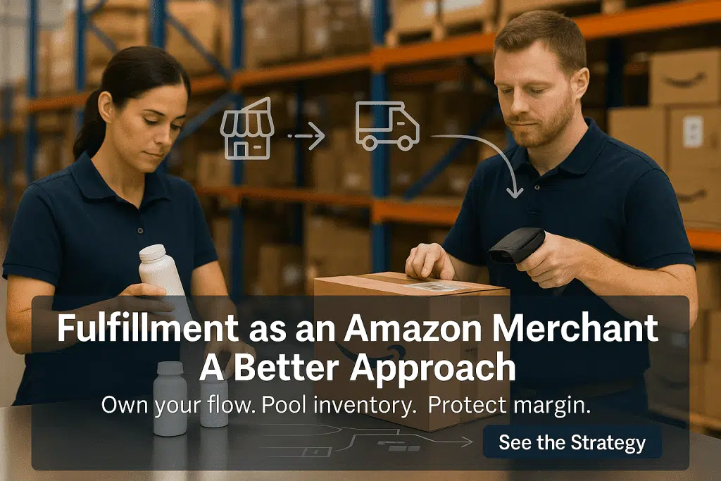 Warehouse associate scanning barcodes beside cartons on a conveyor, illustrating Amazon order fulfillment and routing choices