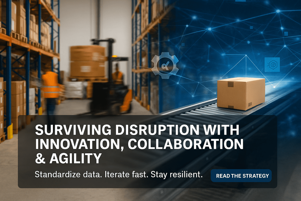 Warehouse team collaborating beside pallet racks while a worker moves cartons on a pallet jack, symbolizing resilience and agility