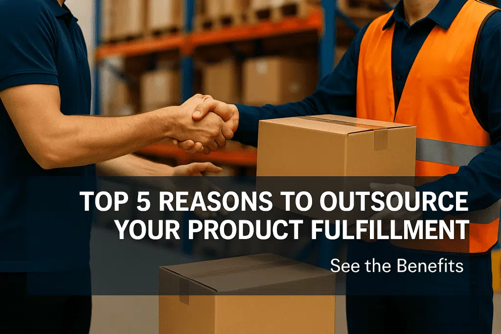 Handshake between a businessperson and a warehouse worker holding a shipping carton in a fulfillment center