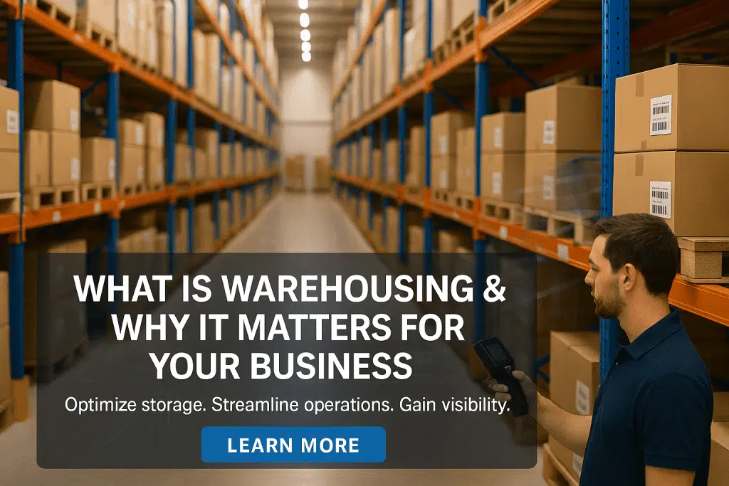 Long aisle of warehouse racks with stacked cartons and a worker scanning inventory with a handheld device