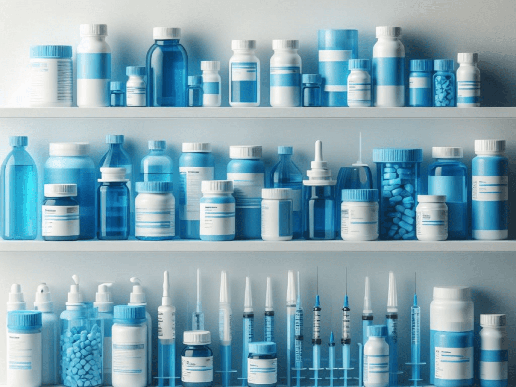 Pharmaceutical products on a shelf