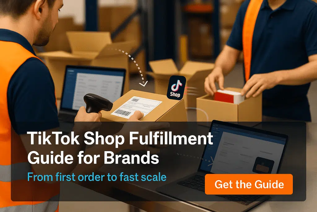 TikTok Shop Fulfillment Guide for Brands with warehouse workers scanning packages and using a laptop, emphasizing e-commerce logistics from first order to fast scale.