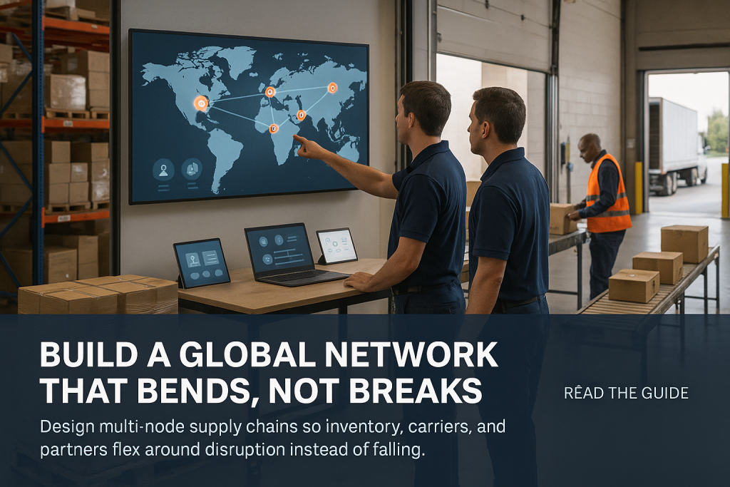 Two planners review a global supply chain map on a screen while a worker loads cartons toward a trailer at the dock.