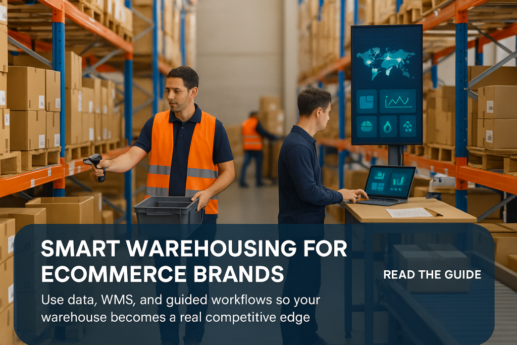 Worker scans cartons into a tote while a planner reviews warehouse dashboards in a modern smart ecommerce warehouse.