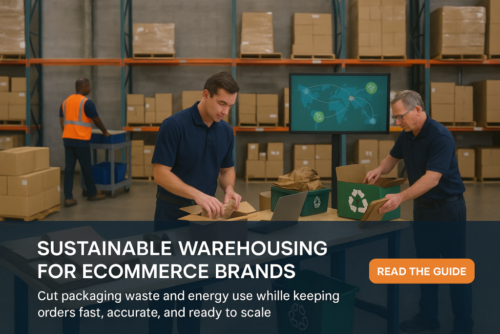 Workers pack boxes with paper void fill beside green recycling bins in a modern ecommerce warehouse.
