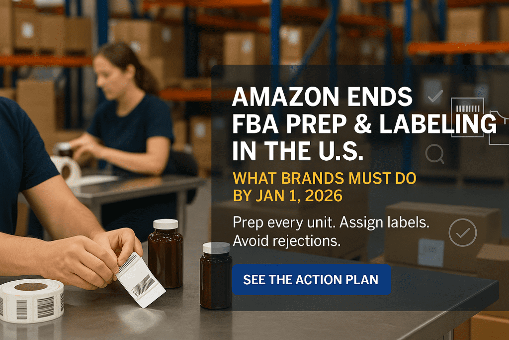 Warehouse associate applying barcode labels to brown bottles at a prep bench, illustrating FBA-ready unit labeling requirements
