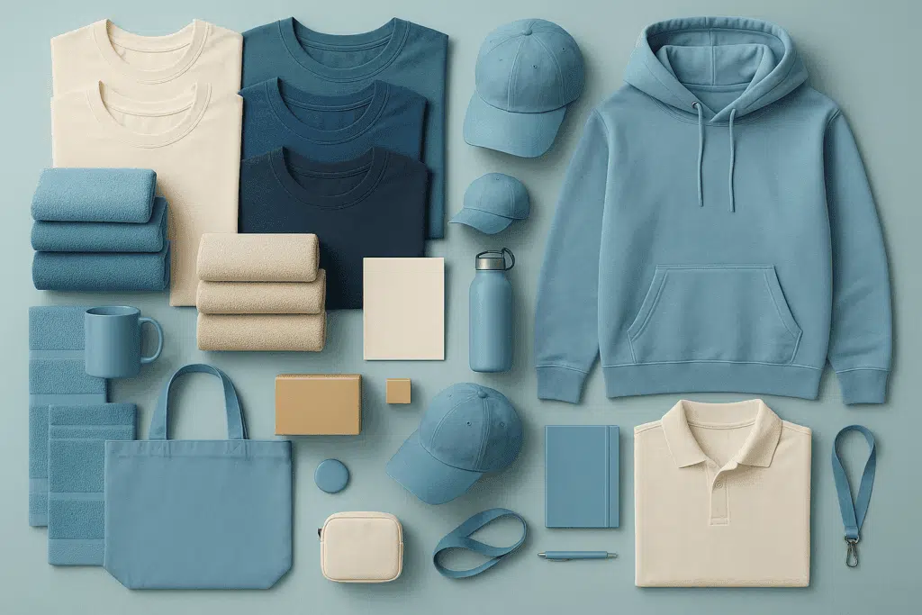 Flat lay of apparel, linens, bags, caps, and promo items arranged for careful folding, bagging, and kitting