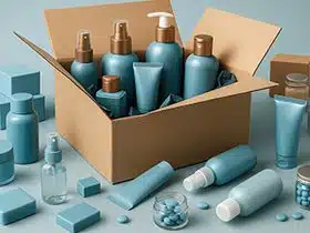Open shipping box with assorted personal care bottles and tubes prepared for recurring autoship orders