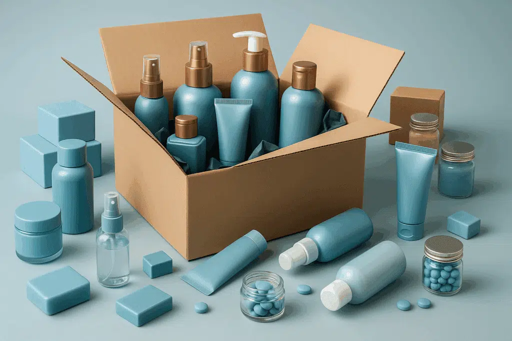 Open carton filled with assorted blue bottles, jars, and tubes staged for recurring autoship packing