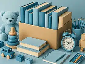 Boxed books with toys and office supplies staged for safe, organized order fulfillment