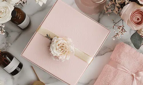 Pink subscription gift box with ribbon surrounded by bath and beauty items on a marble surface