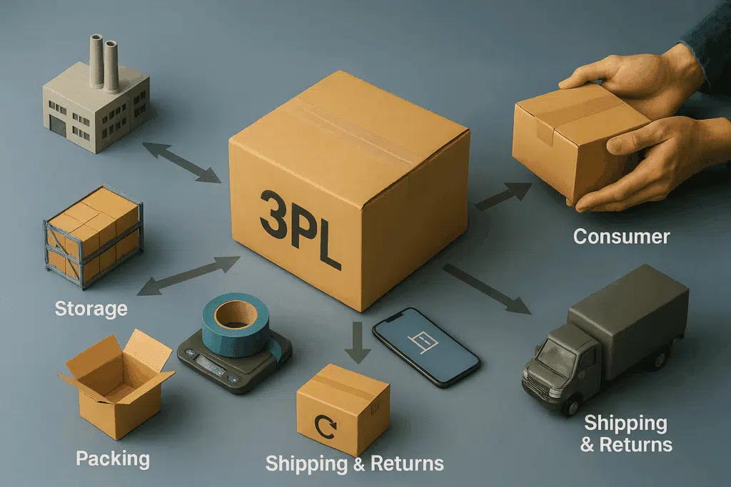 Warehouse conveyor with labeled cartons moving past a workstation, illustrating 3PL pick, pack, and ship flow