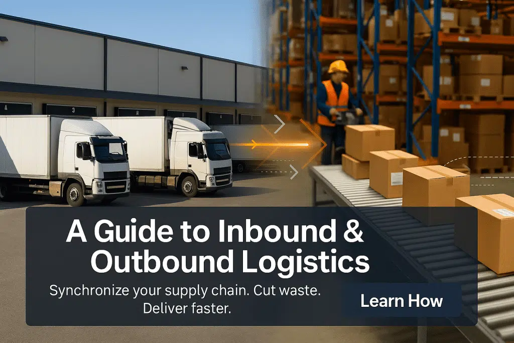 Inbound and outbound logistics concept with trucks at a loading dock and boxes moving on a warehouse conveyor