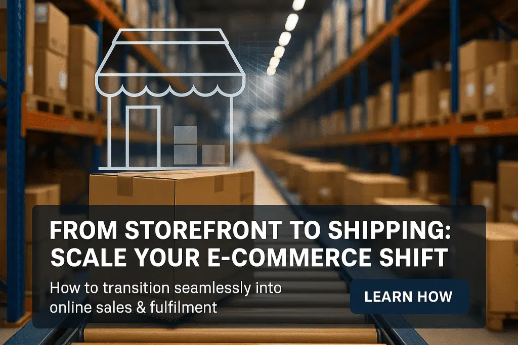 Warehouse conveyor with labeled cartons and an online order screen, illustrating the shift from store sales to ecommerce