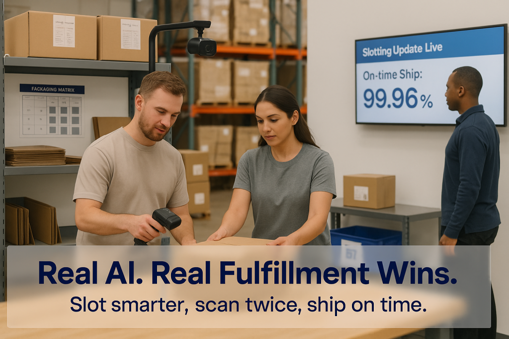 AI-assisted warehouse workers pack boxes while dashboard shows 99.96% on-time ship rate in clean fulfillment center.