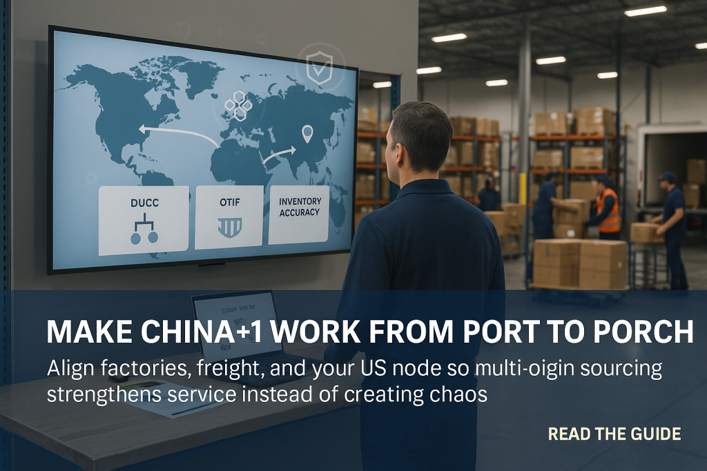 Manager watches a world map KPI dashboard in a modern warehouse while workers move cartons near racks and a loading dock.