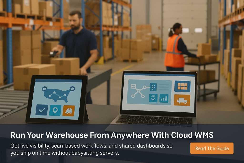 Tablet and laptop show cloud WMS dashboards while workers move cartons in a modern ecommerce warehouse.