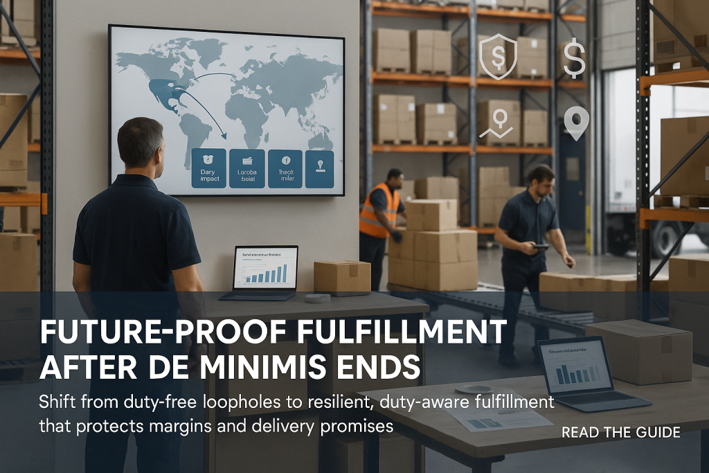 Manager reviews world map duty dashboard as workers move cartons on a conveyor in a modern fulfillment warehouse.