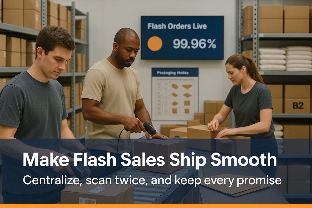 Three workers in a fulfillment center scan and pack orders near a screen showing flash sale stats and a clear banner message.