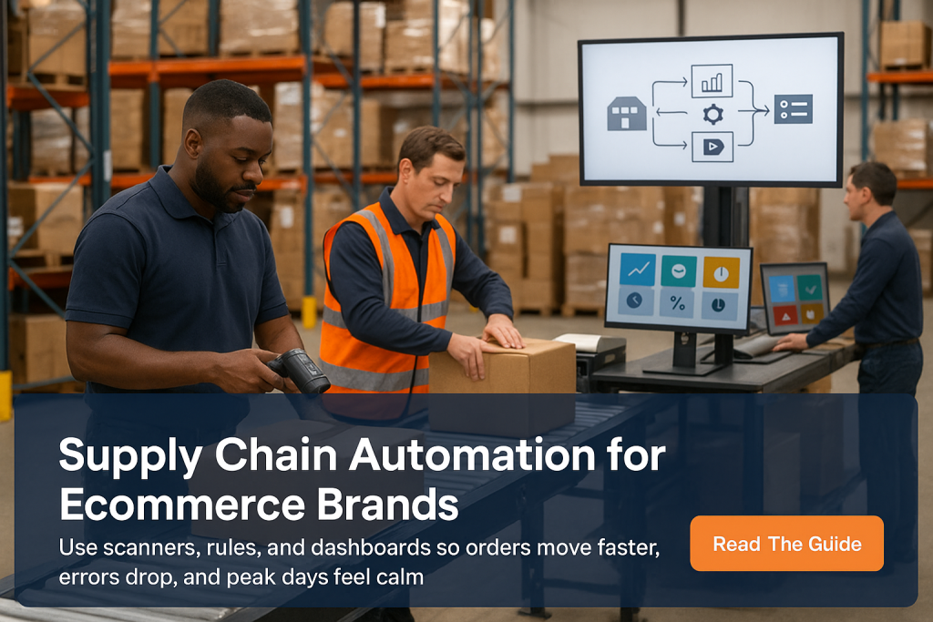 Workers scan and pack boxes on a conveyor while supply chain dashboards glow in a modern ecommerce warehouse.