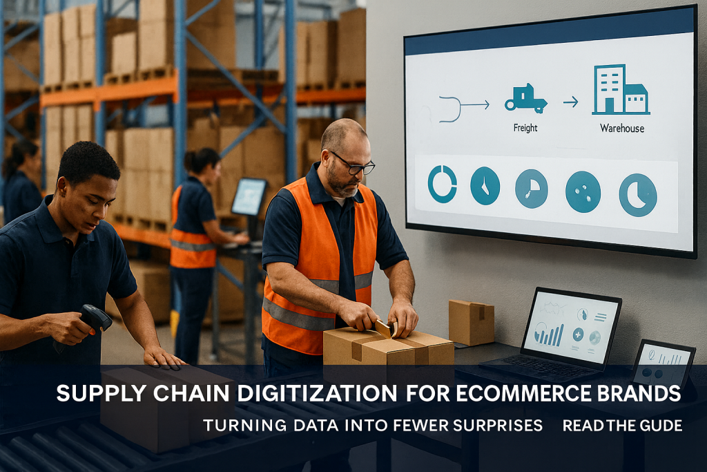 Workers scan and pack cartons on a conveyor in a modern warehouse while a screen shows digital supply chain visuals.