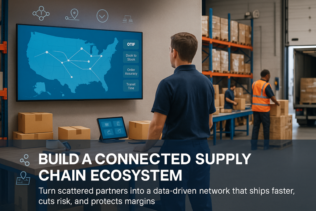 Manager reviews US map dashboard in busy warehouse while workers load cartons and stage pallets.