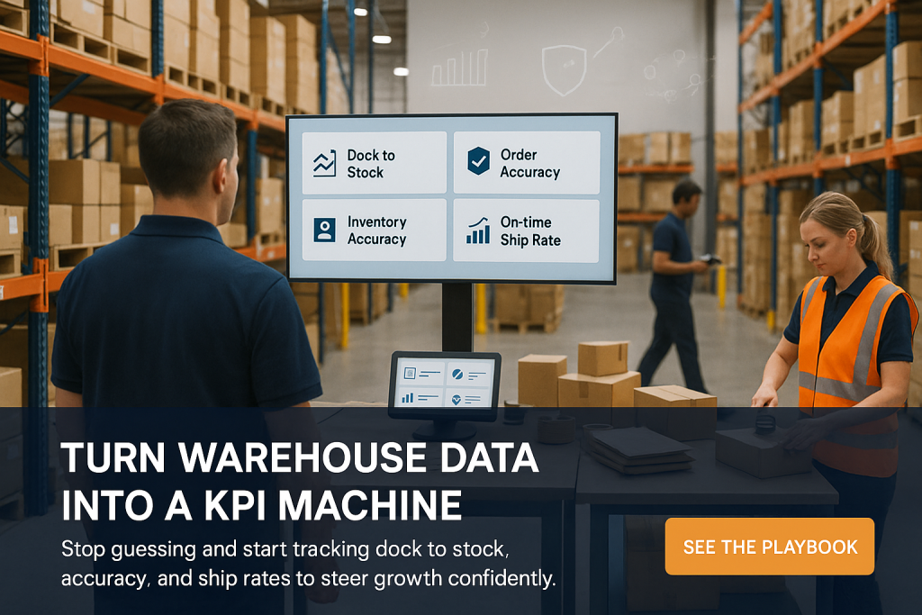 Supervisor reviews KPI dashboard while worker packs boxes in a clean warehouse, highlighting data-driven fulfillment.