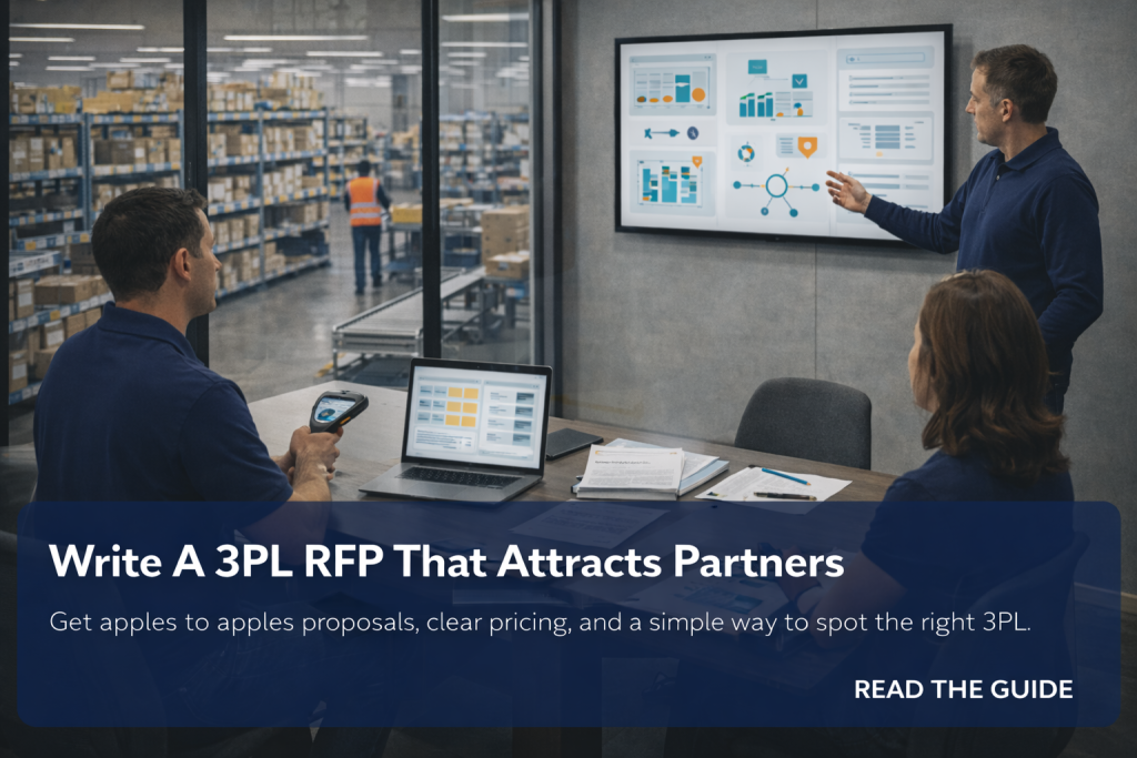 Three coworkers review 3PL RFP dashboards in a glass walled conference room overlooking a busy ecommerce warehouse floor.