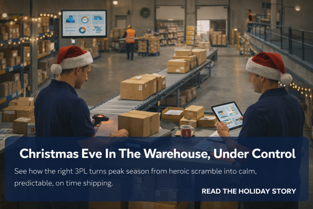 Workers in Santa hats scan and pack boxes on a conveyor in a calm, well organized warehouse on Christmas Eve.