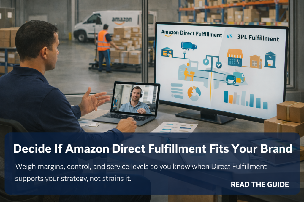 Manager on a video call reviews an Amazon Direct Fulfillment vs 3PL comparison on a large screen overlooking a warehouse dock.