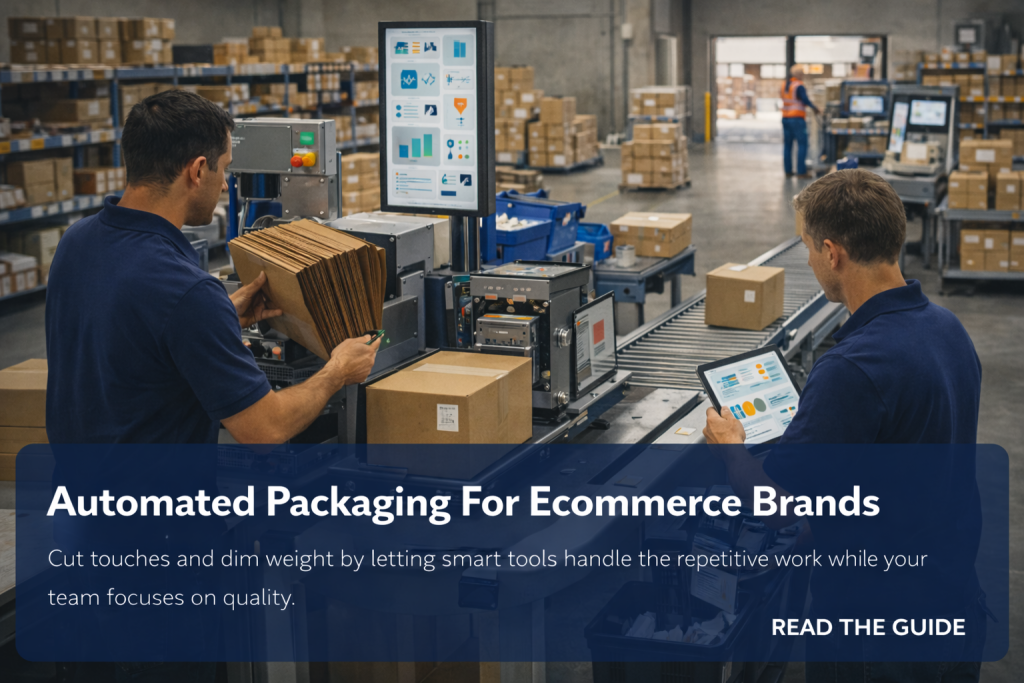 Three warehouse associates run an automated packing line, loading cartons into a machine and monitoring dashboards on a tablet.