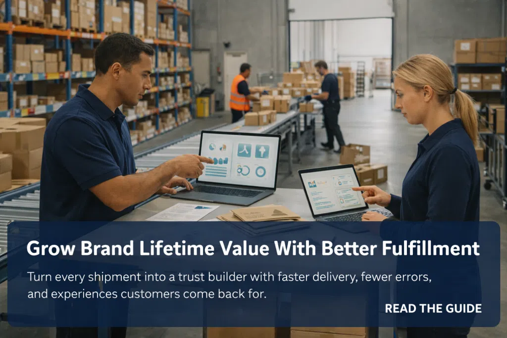 Two coworkers review customer and order dashboards on laptops at a warehouse conveyor while workers pack boxes in the background.