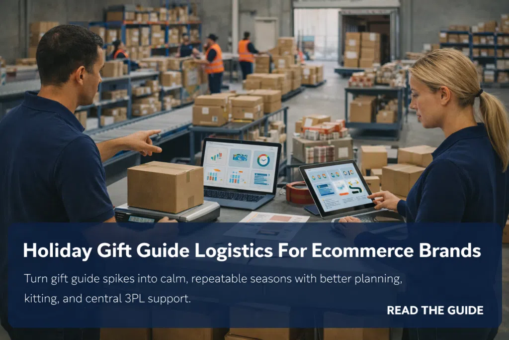 Two planners review holiday gift guide dashboards on a laptop and tablet while a box sits on a scale in a busy warehouse.