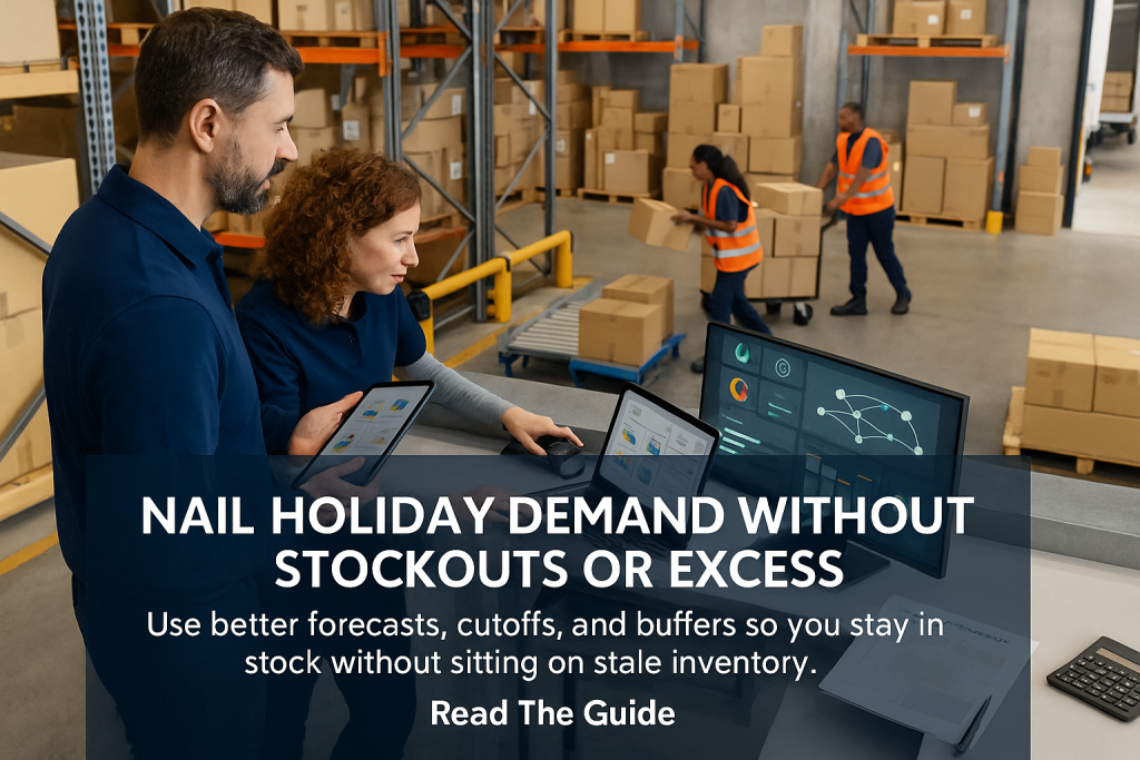 Planners review holiday inventory dashboards while workers move cartons on carts and conveyors in a busy warehouse.