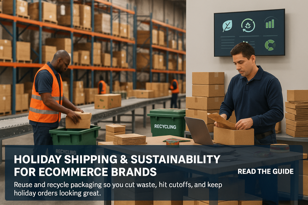 Workers pack boxes and sort cardboard into green recycling bins in a modern warehouse focused on sustainable holiday shipping.