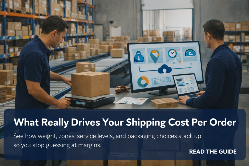 Worker weighs a box on a scale while a teammate reviews shipping dashboards in a modern ecommerce warehouse.