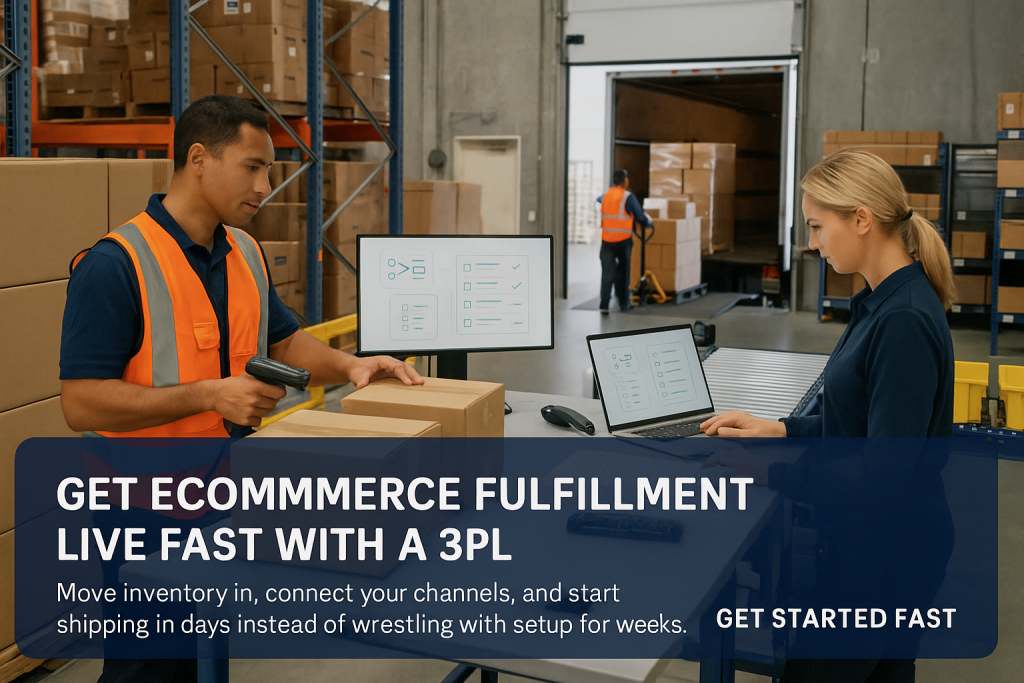 Worker scans cartons while a colleague configures ecommerce setup on a laptop in a 3PL warehouse with a truck at the dock.