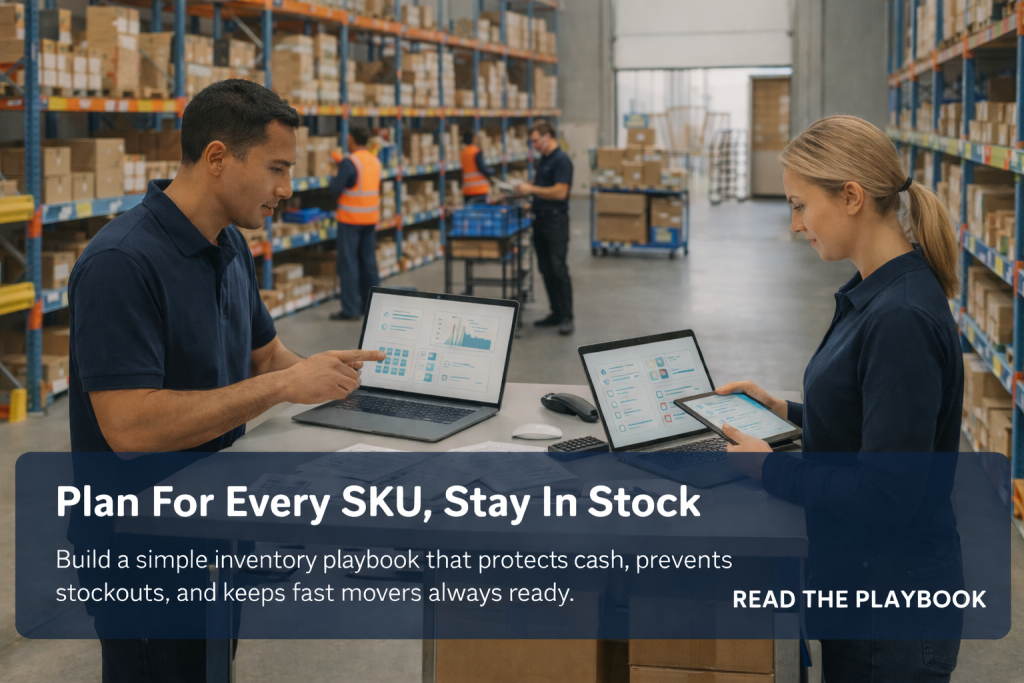 Two coworkers review SKU inventory charts on a laptop and tablet at a warehouse desk while workers pick products in the aisles.