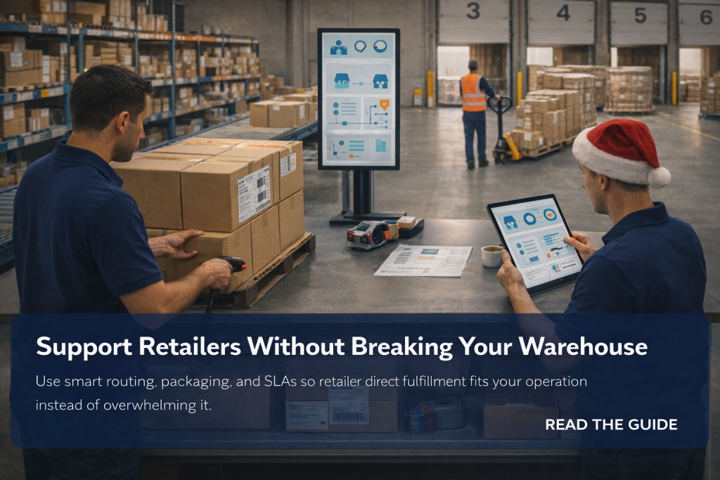 Worker scans a labeled case pack on a pallet while another checks a routing dashboard on a tablet in a busy warehouse dock area.