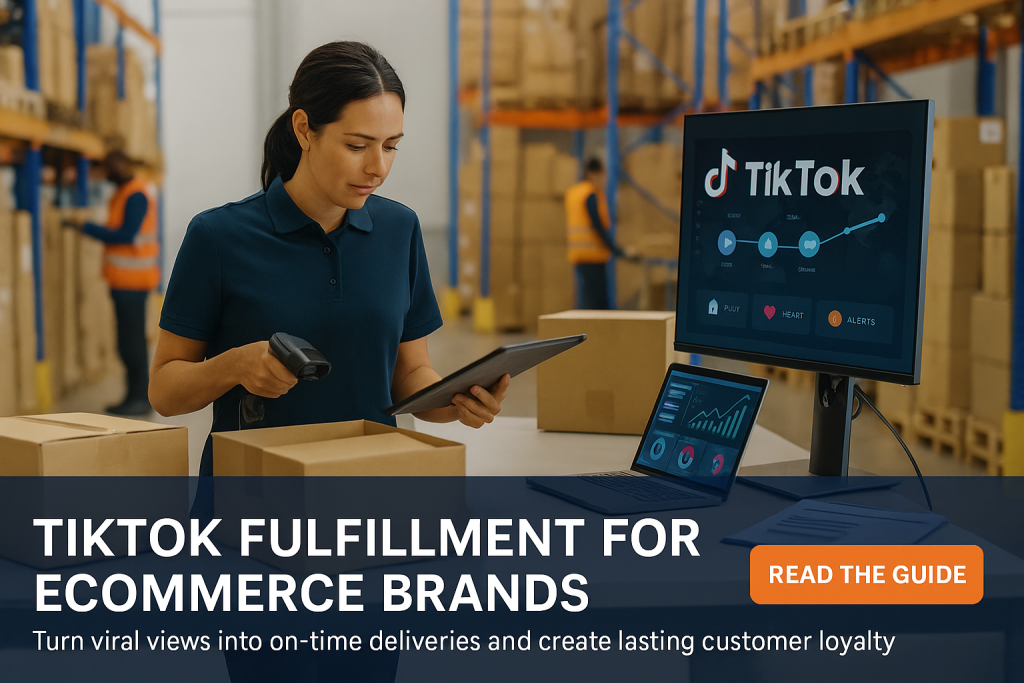 Worker scans boxes while checking TikTok fulfillment dashboard on a monitor in a modern ecommerce warehouse.