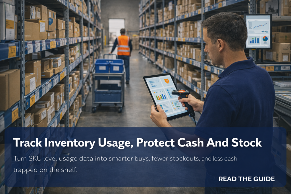 Worker checks inventory dashboards on a tablet in a warehouse aisle while another pushes a cart down the rack.