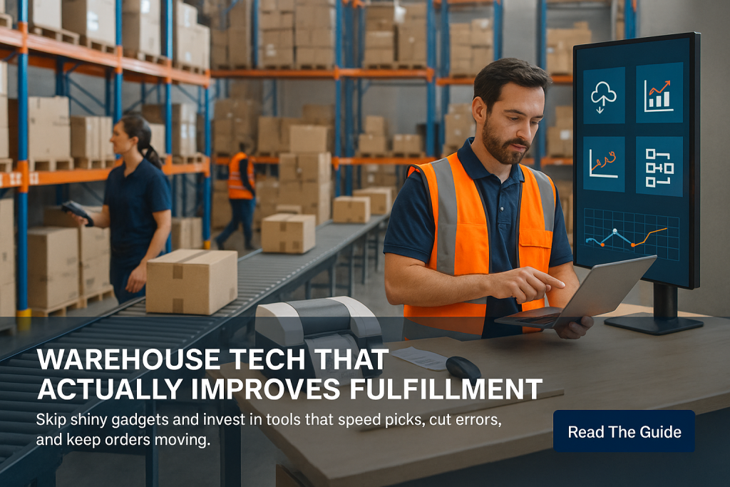 Worker uses tablet and label printer at conveyor while digital warehouse tech dashboard glows in a modern fulfillment center.