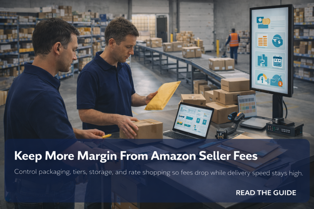 Two warehouse workers compare a box and mailer at a packing station beside shipping dashboards in a modern fulfillment center.