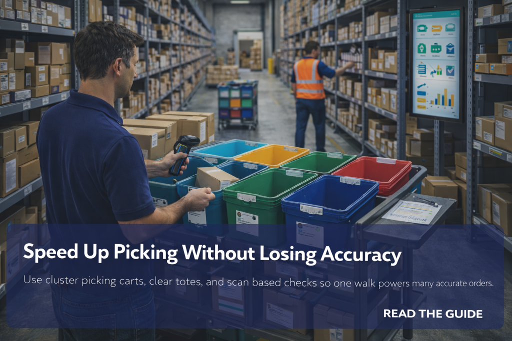 Picker scans items into color coded totes on a cluster picking cart in a modern ecommerce warehouse aisle.