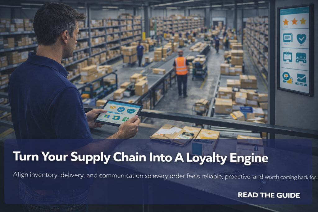 Operations lead holds a tablet on a mezzanine overlooking a busy warehouse floor with conveyors and cartons.