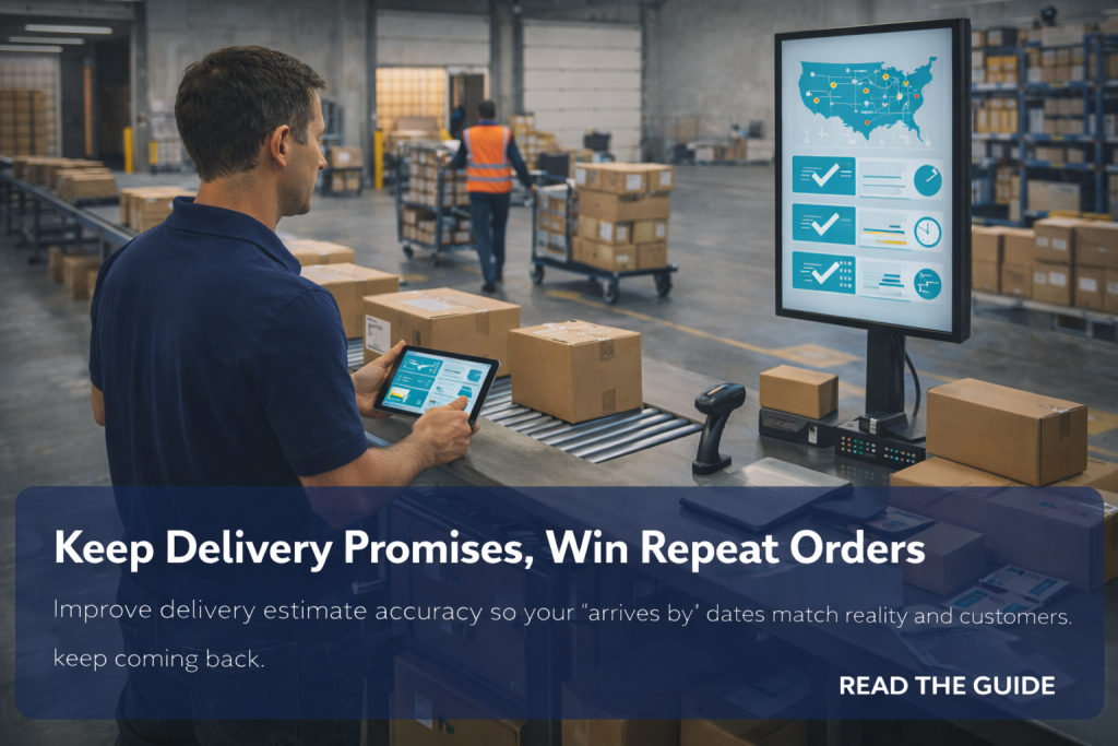 Worker checks delivery dashboards on a tablet while parcels move on a conveyor and a screen shows a U.S. map in a warehouse.