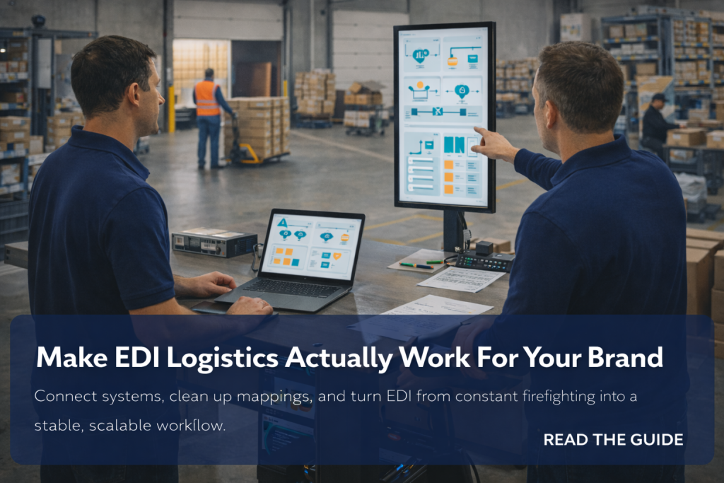 Two warehouse staff review EDI dashboards on a laptop and tall screen in a modern fulfillment center.
