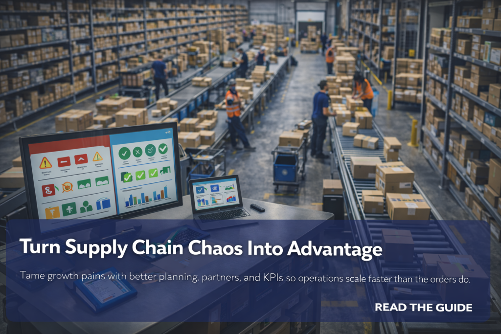 Overhead view of a busy ecommerce warehouse with workers, carts, and conveyors moving cartons between tall racks.
